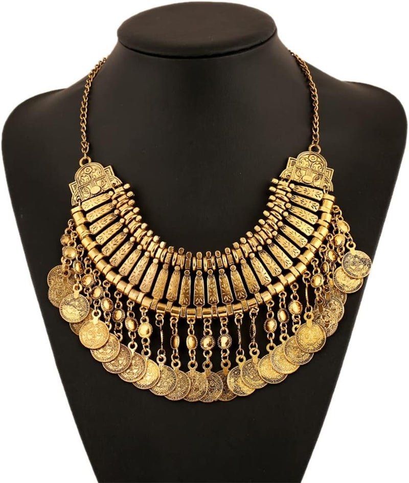 CCBFY Long Tassel Chunky Boho Coin Statement Necklace For Women Silver - Image 2
